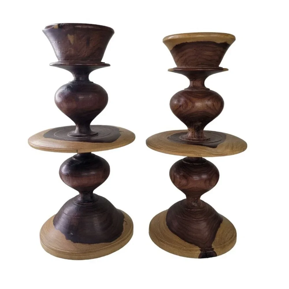 Wooden Candlestick Holders Tapered Solid Grain Two Tone Turned Pair Set 6.5 Inch